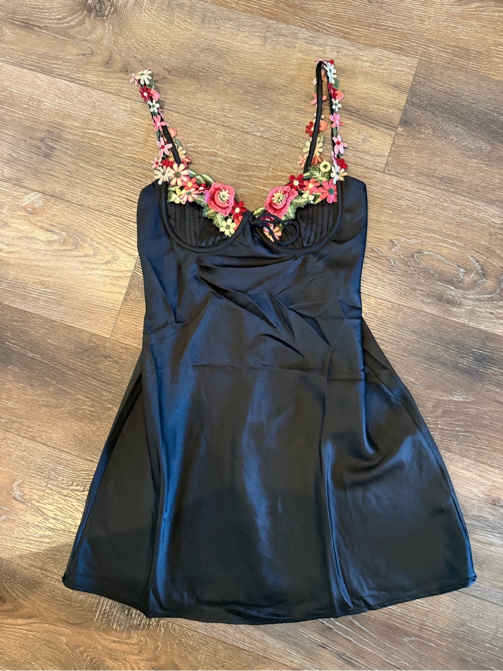 Hello Molly Black Slip Dress with Multicolor Floral Embroidery